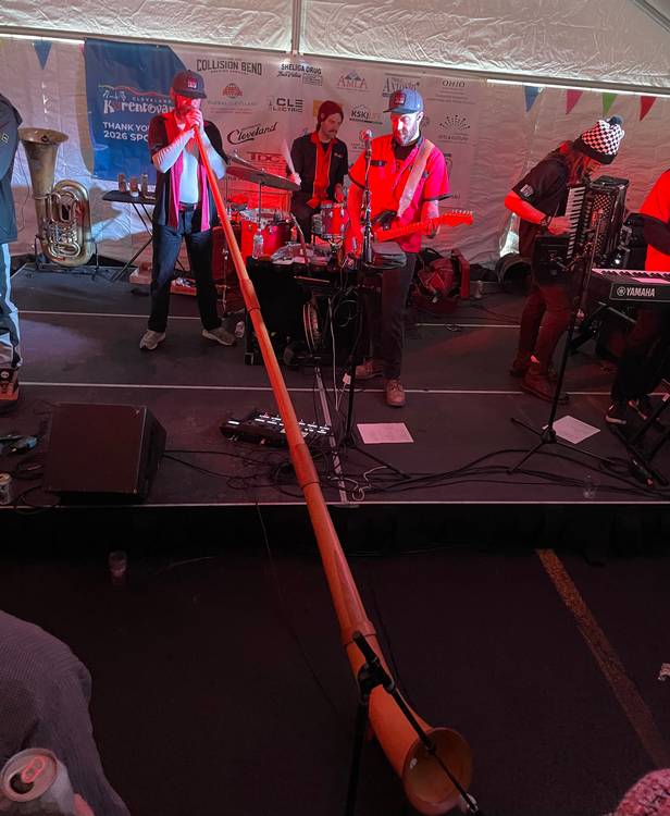 The Chardon Polka Band, featuring the 12-foot Swiss Alphorn, performs on the Outdoor Stage at Slovenian National Hall.